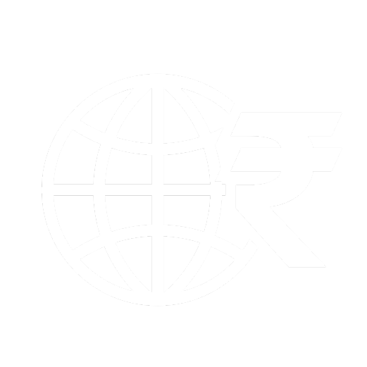 Global currency exchange icon featuring a globe and a Rupee symbol, representing international financial transactions and trade